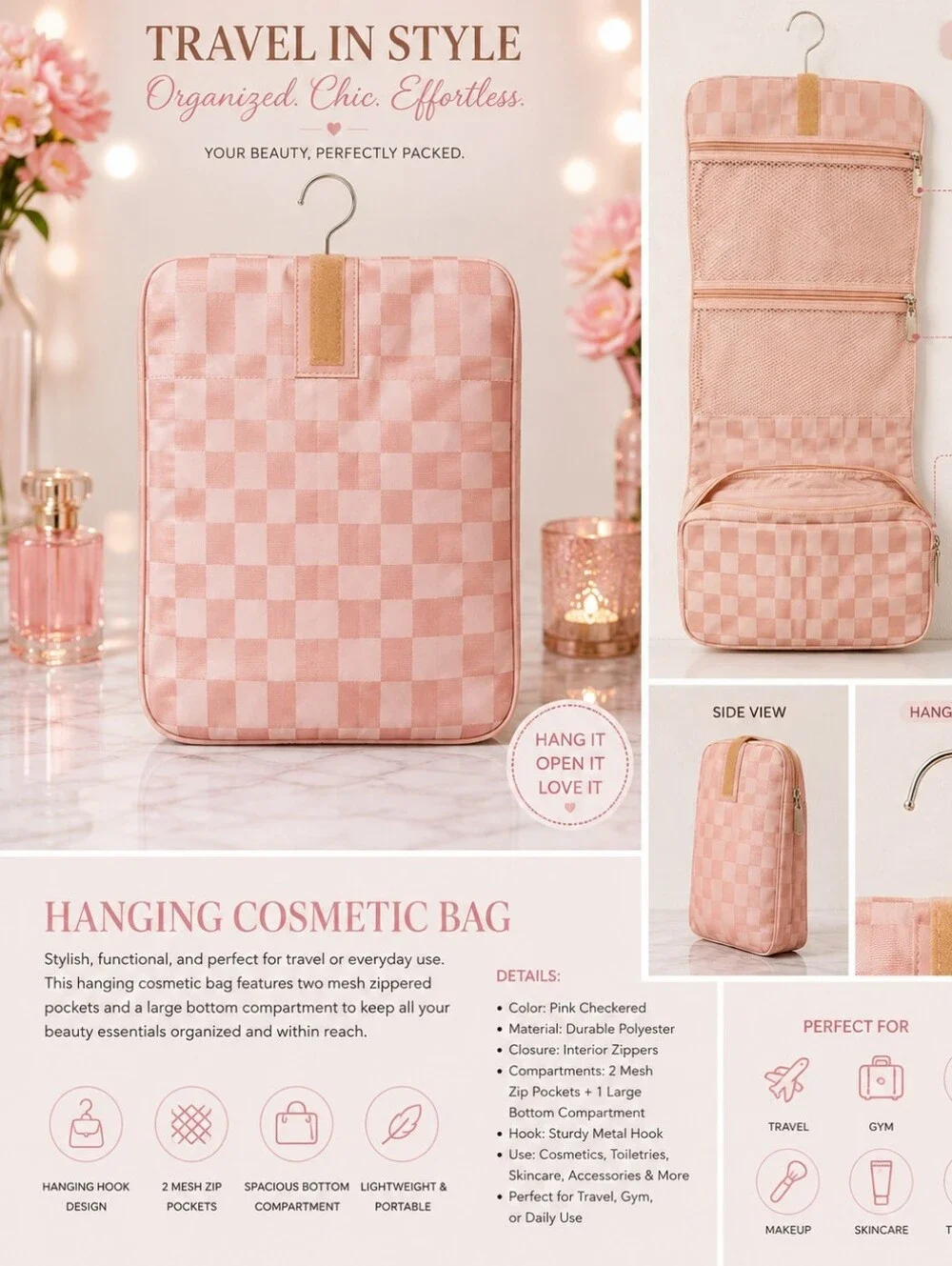 PINK CHECKERED HANGING COSMETIC BAG - Travel Organizer